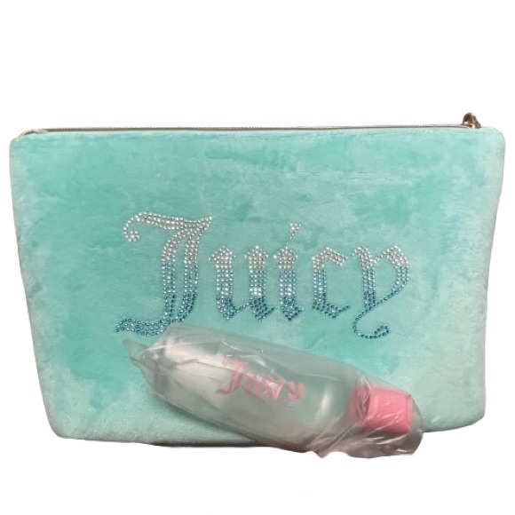 NEW Juicy Couture Light Blue Velour Cosmetic Makeup Travel Bag & Bottle - Picture 10 of 14